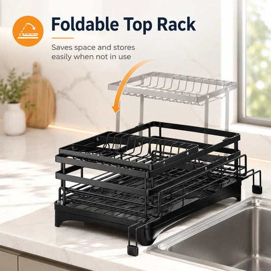 Space Saving Over Sink Dish Drying Rack with Expandable 2 Tier Organizer
