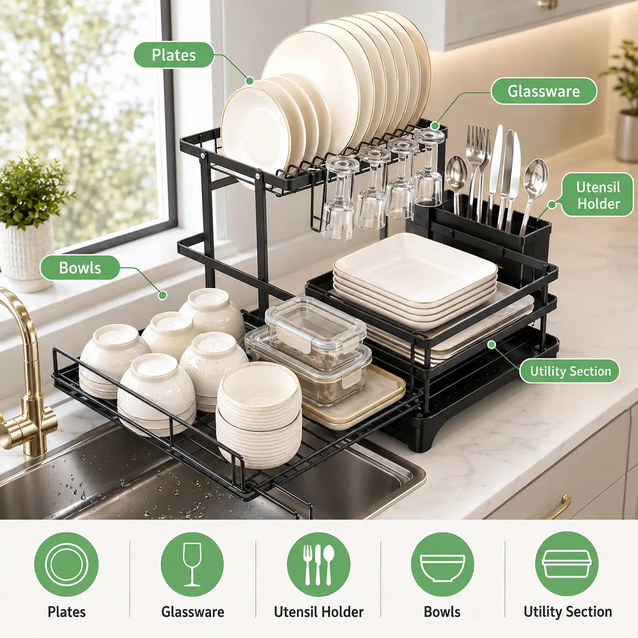 Space Saving Over Sink Dish Drying Rack with Expandable 2 Tier Organizer